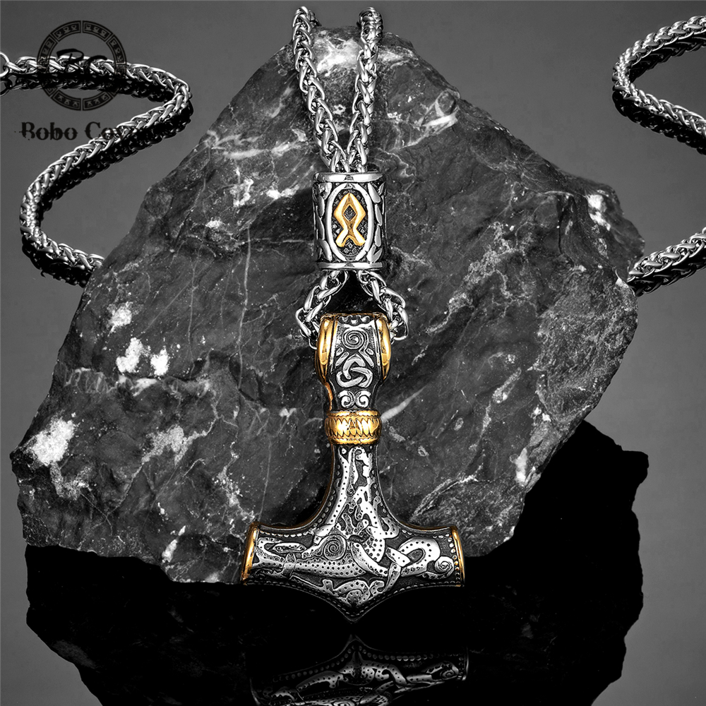 Leatherwork Hammer - Gold Plated Norse Runes Beads Thor's